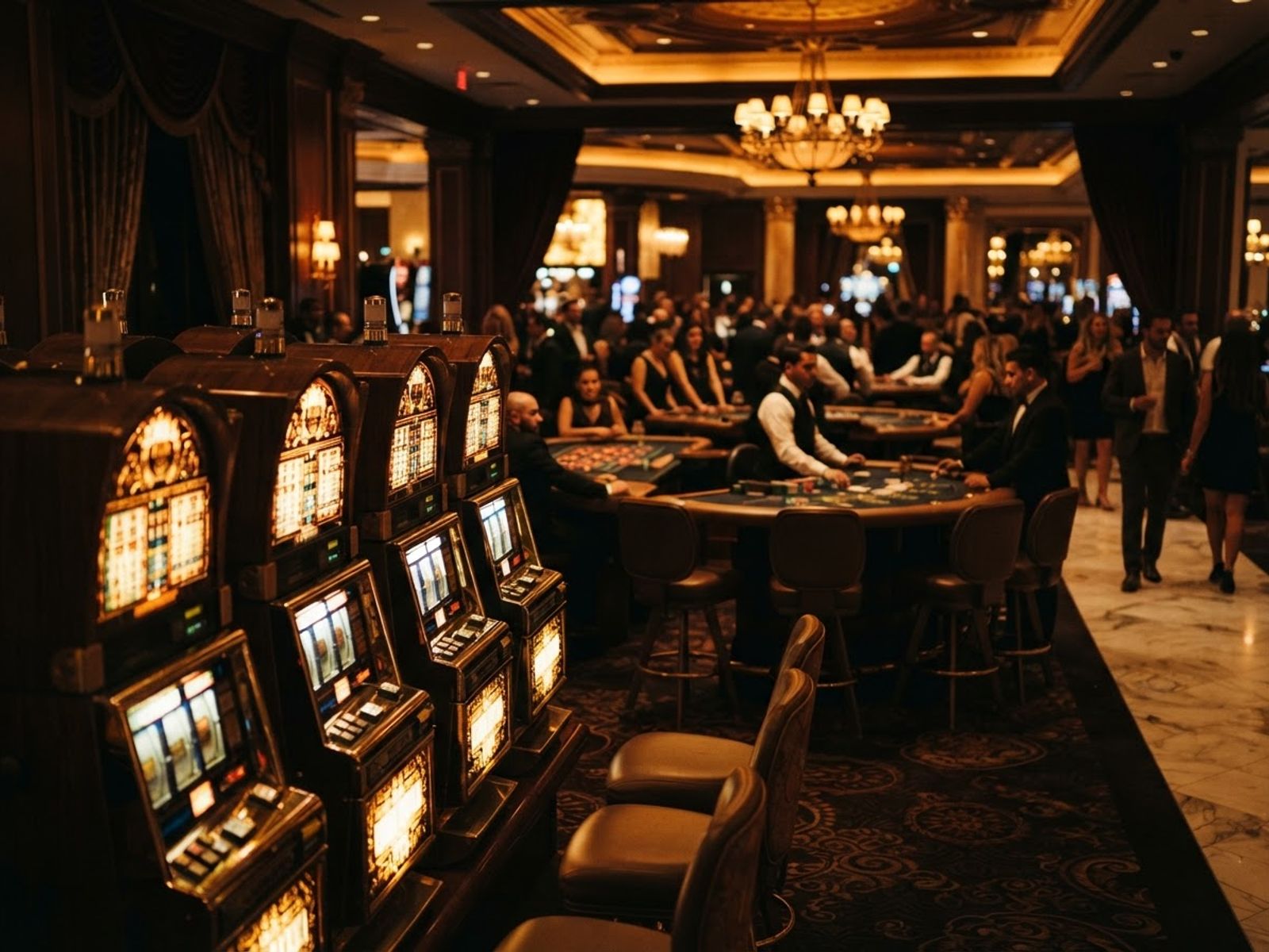 Salle de casino avec machines à sous dorées